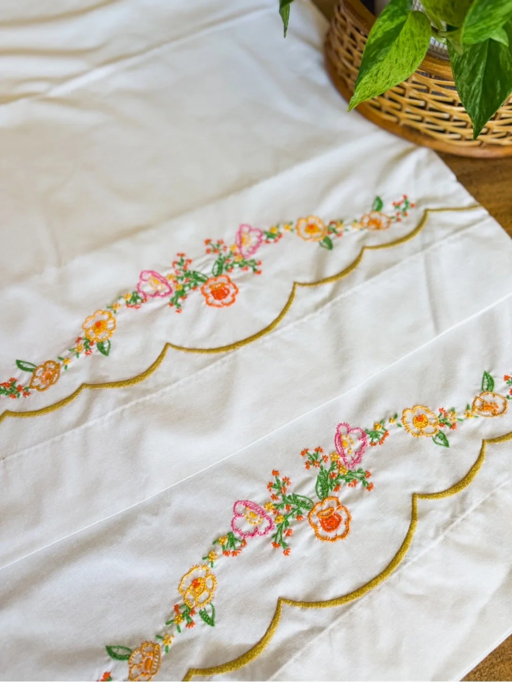 Vintage White Embroidered Pillow Case set with Scalloped Edge